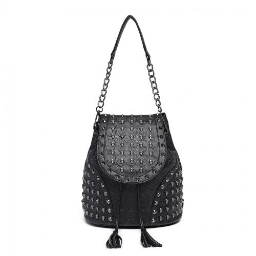 L1414 - Miss Lulu Skull Studded Backpack Shoulder Bag - Black | Neil's Luggage Store