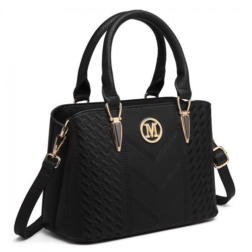 LG6865 - Miss Lulu Leather Look Weave Effect Shoulder Bag - Black | Neil's Luggage Store