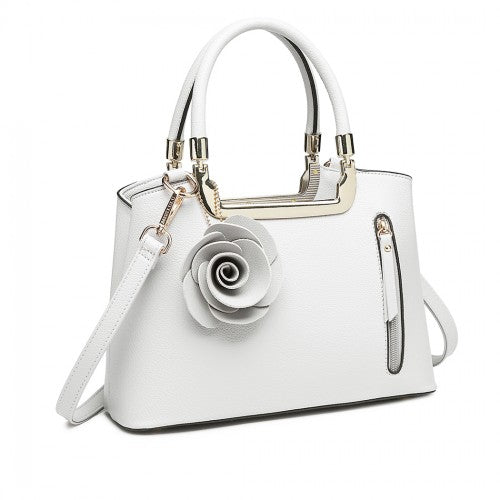 LG1847 - MISS LULU PU LEATHER ROSE HANGING ORNAMENT HANDBAG - WHITE | Neil's Luggage Store
