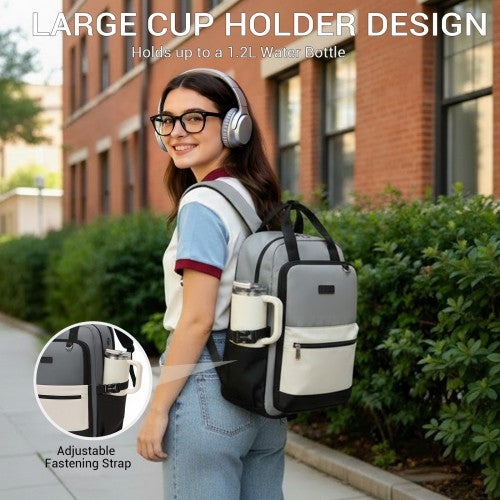 BPK2527 - Kono Functional Water-Resistant Laptop Backpack, Trendy Design with Padded Sleeve and Multiple Practical Compartments - Grey and Beige | Neil's Luggage Store