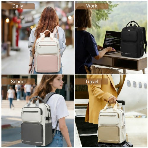 BPK2530 - Kono Spacious Water-Resistant Laptop Backpack for Travel & Commuting - 15.6" Padded Laptop Compartment, Reflective Strip - Beige and Pink | Neil's Luggage Store