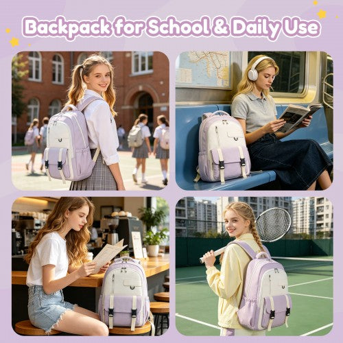 BPK2605 - KONO Durable Water-Resistant Kids Backpack with Padded Laptop Sleeve and Multi-Pocket Organization for School - Purple and Beige