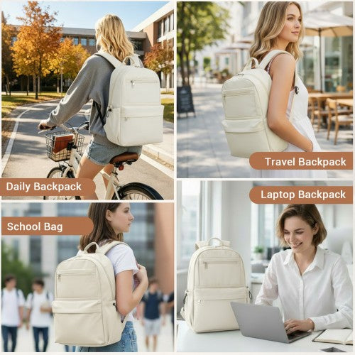 BPK2606 - KONO Stylish Solid-Color Casual Backpack for School and Weekend Trips with Multi-Pocket Storage - Beige | Neil's Luggage Store