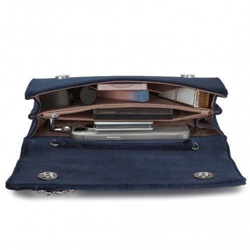 CLM2457 - Miss Lulu Elegant Velvet Evening Clutch with Crystal Ring & Detachable Chain Strap - Versatile Shoulder or Handheld Bag - Navy | Neil's Luggage Store