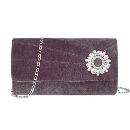 CLM2457 - Miss Lulu Elegant Velvet Evening Clutch with Crystal Ring & Detachable Chain Strap - Versatile Shoulder or Handheld Bag - Purple