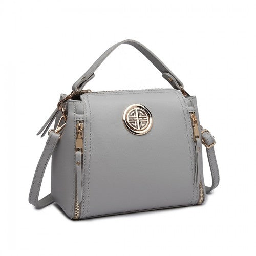 E1851 - Miss Lulu Leather Look Dual Zipped Handbag - Grey | Neil's Luggage Store