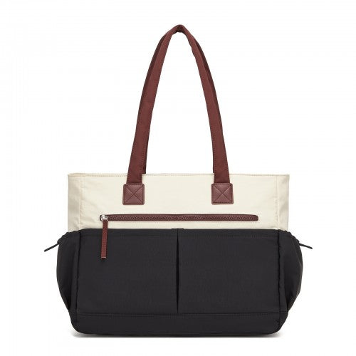 Lulu Chic Shoulder Tote Bag With Laptop Sleeve And Luggage Strap Beige And Black | Neil's Luggage Store