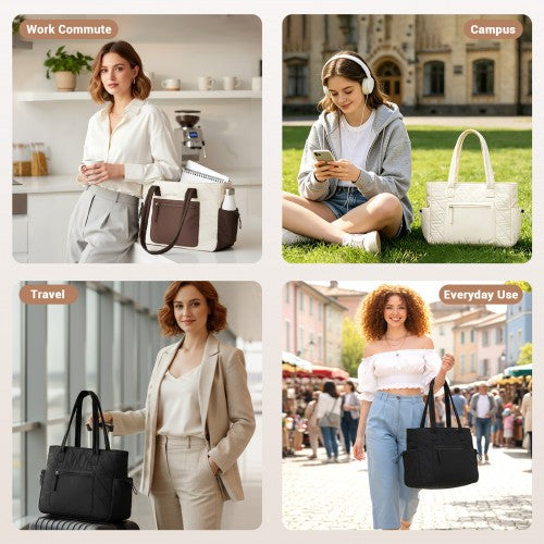 HBM2612 - Miss Lulu Minimalist Durable Shoulder Bag for Work, School & Travel with Laptop Sleeve and Multiple Pockets - Beige and Brown
