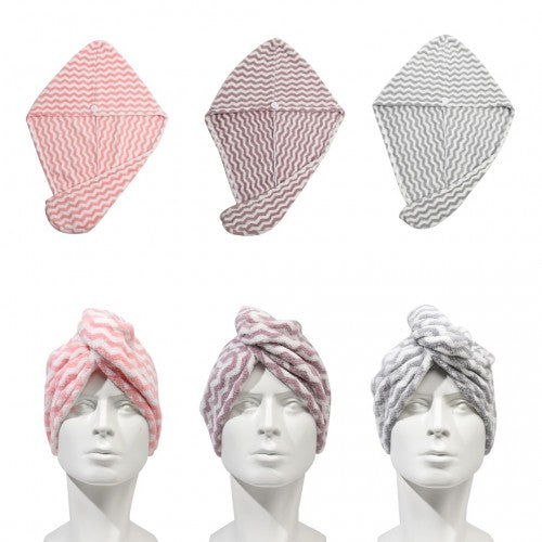 Microfiber Hair Towel Turban Wraps With Button, Wavy Pattern, 3 Pack | Neil's Luggage Store