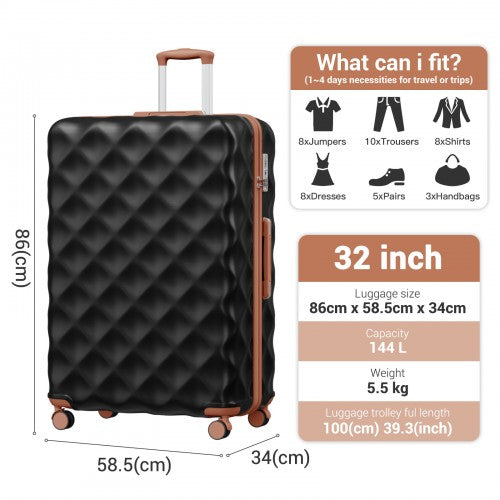 K2395L - British Traveller 32 Inch Extra-Large Diamond Texture ABS+PC Hard-Shell Spinner Suitcase with Telescopic Handle - Black and Brown