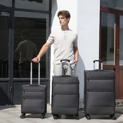 British Traveller 20 Inch Lightweight Soft Shell Cabin Suitcase with Laptop Compartment - Black