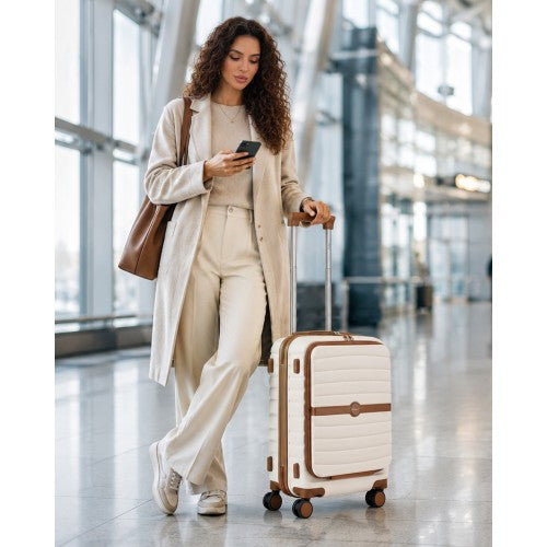 KSK2592 - Kono 21-Inch Front-Opening Cabin Suitcase with 15.6-Inch Laptop Compartment - Cream and Brown | Neil's Luggage Store