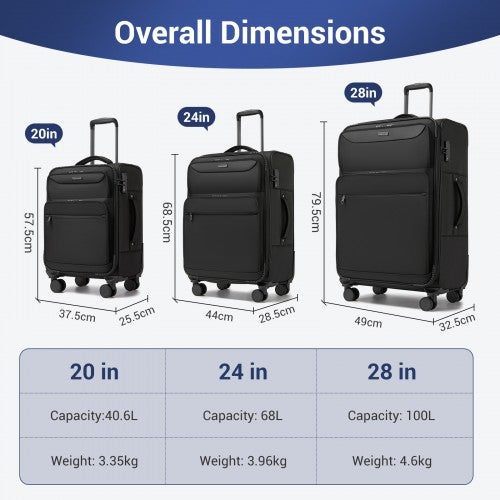 KSB2582 - British Traveller Durable Softshell Suitcase 3-Piece Luggage Set (20/24/28 Inch) with Laptop Compartment - Black | Neil's Luggage Store