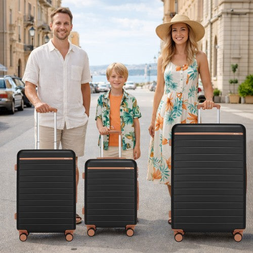 KSK2584 - Kono Scratch-Resistant 3-Piece Hard Shell Luggage Set with Horizontal Stripe Design, Brown Accents & Spinner Wheels - Black and Brown | Neil's Luggage Store