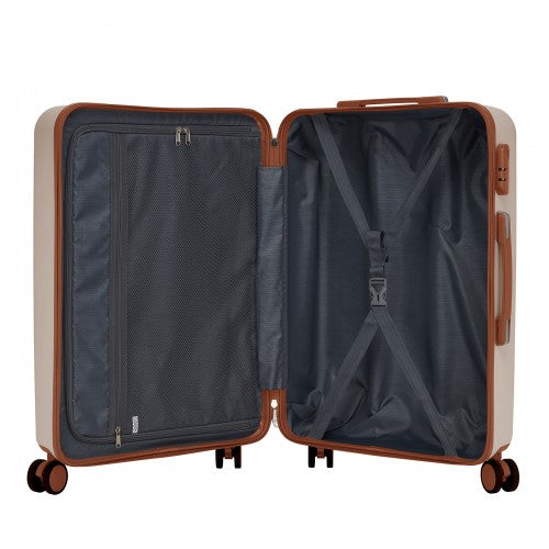 KSK2584 - Kono Scratch-Resistant 28-Inch Large Hard Shell Suitcase with Horizontal Stripe Design, Brown Accents & Spinner Wheels - Cream and Brown
