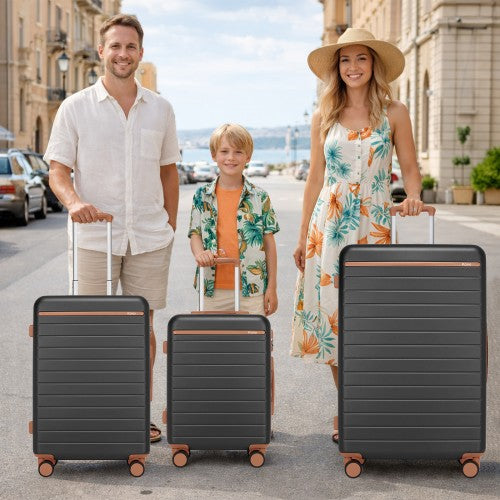 KSK2584 - Kono Scratch-Resistant 3-Piece Hard Shell Luggage Set with Horizontal Stripe Design, Brown Accents & Spinner Wheels - Grey and Brown | Neil's Luggage Store