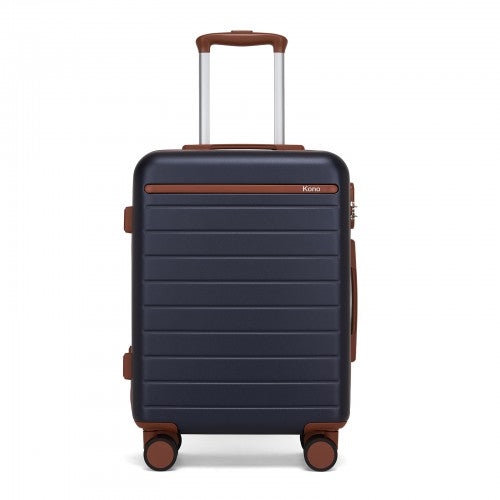 KSK2584 - Kono Scratch-Resistant 20-Inch Hard Shell Cabin Suitcase with Horizontal Stripe Design, Brown Accents & Spinner Wheels - Navy and Brown | Neil's Luggage Store