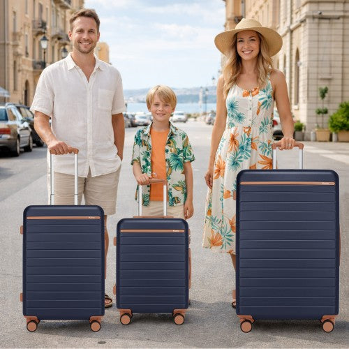 KSK2584 - Kono Scratch-Resistant 3-Piece Hard Shell Luggage Set with Horizontal Stripe Design, Brown Accents & Spinner Wheels - Navy and Brown | Neil's Luggage Store