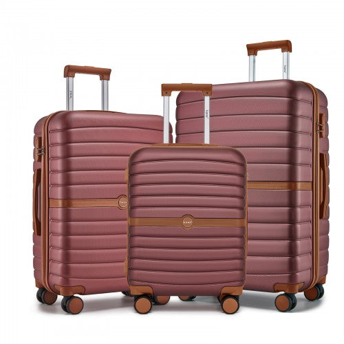 KSK2592 - Kono ABS+PC Striped Design with Colour-Block Details 3-Piece Hardshell Luggage Set with Spinner Wheels - Burgundy and Brown