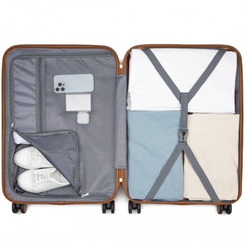 KSK2592 - Kono ABS+PC 24-Inch Striped Design with Colour-Block Details Medium Suitcase with Spinner Silent Wheels - Cream and Brown