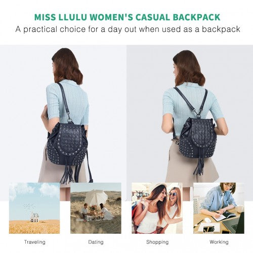 L1414 - Miss Lulu Skull Studded Backpack Shoulder Bag - Navy | Neil's Luggage Store