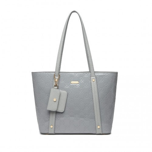 LD2217 - Miss Lulu 4 Pieces Glossy Leather Tote Bag Set - Grey | Neil's Luggage Store