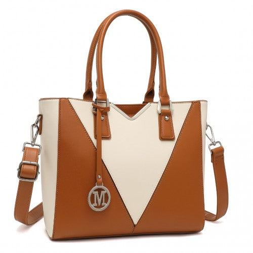 LG1641 - Miss Lulu Leather Look V-Shape Shoulder Handbag - Brown And Beige | Neil's Luggage Store