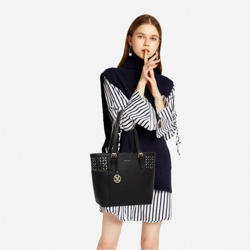 LG1943 - MISS LULU LASER CUT OUT TOTE SHOPPER BAG - BLACK | Neil's Luggage Store