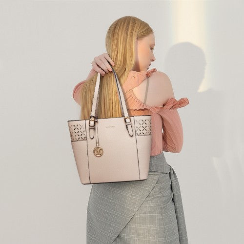 LG1943 - MISS LULU LASER CUT OUT TOTE SHOPPER BAG - BEIGE | Neil's Luggage Store