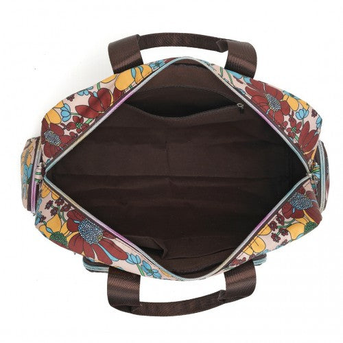 MSK2436F - Kono Large Capacity Travel Bag with Multiple Zippered Pockets And Flower Print Perfect For Daily Use - Khaki