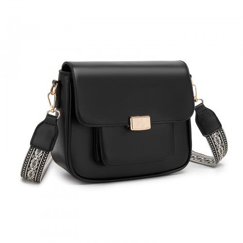 Miss Lulu PU Crossbody Shoulder Bag with Woven Strap — Black