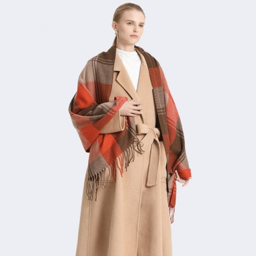 SFN4401 - Elegant Color Block Scarf with Fringe Detailing – Versatile Oversized Design - Orange | Neil's Luggage Store
