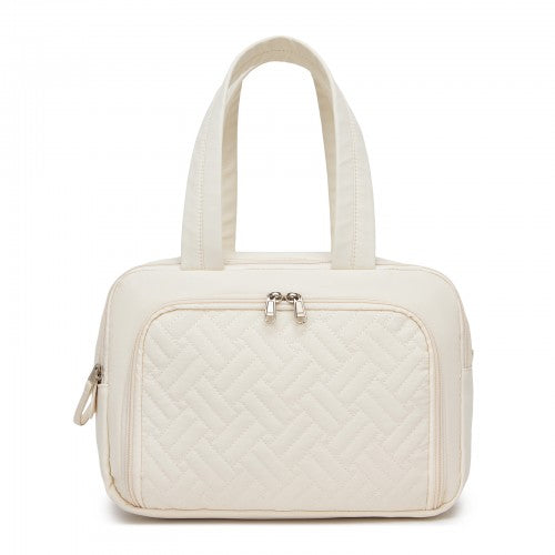 TOK2608 - Kono Travel Quilted Toiletry Bag – Water-Resistant, Wet/Dry Pocket, Large 180° Opening for Easy Access - Beige | Neil's Luggage Store