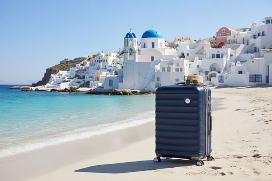 Navy blue hardshell suitcase on a Greek island beach with Santorini white buildings and blue domes — Neil's Luggage Store UK