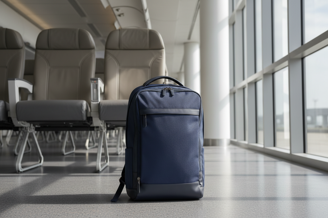 KONO cabin travel backpack in navy, standing in an airport terminal — cabin-approved size for UK flights