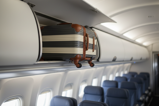 Hard-shell striped cabin suitcase sitting securely inside an aircraft overhead locker — airline-approved cabin luggage from Neil's Luggage Store