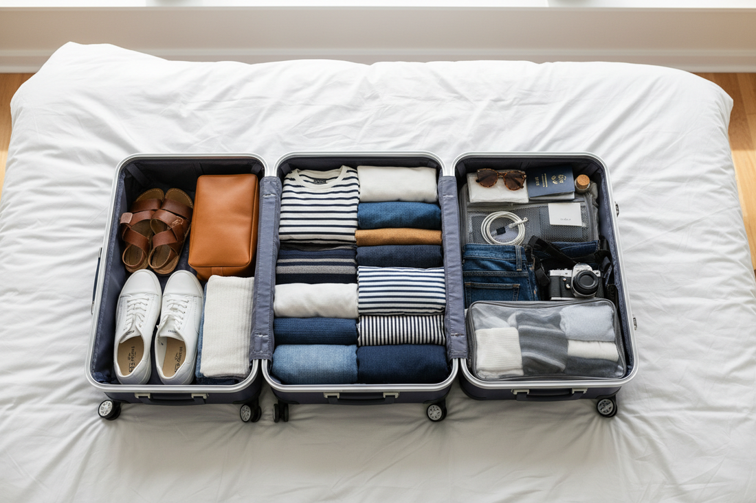 Open hard-shell suitcase packed neatly with rolled clothes, shoes and travel accessories — how to pack a suitcase properly guide from Neil's Luggage Store