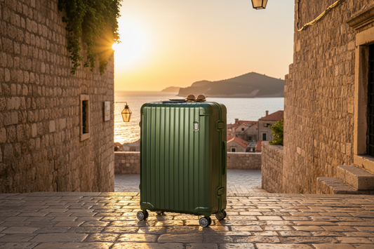 Premium hard-shell suitcase on cobblestone streets in Dubrovnik Croatia with the Adriatic sea and old town walls in the background