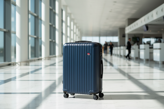 Navy blue KONO hard shell suitcase with vertical texture finish and spinner wheels — Neil's Luggage Store authorised UK retailer