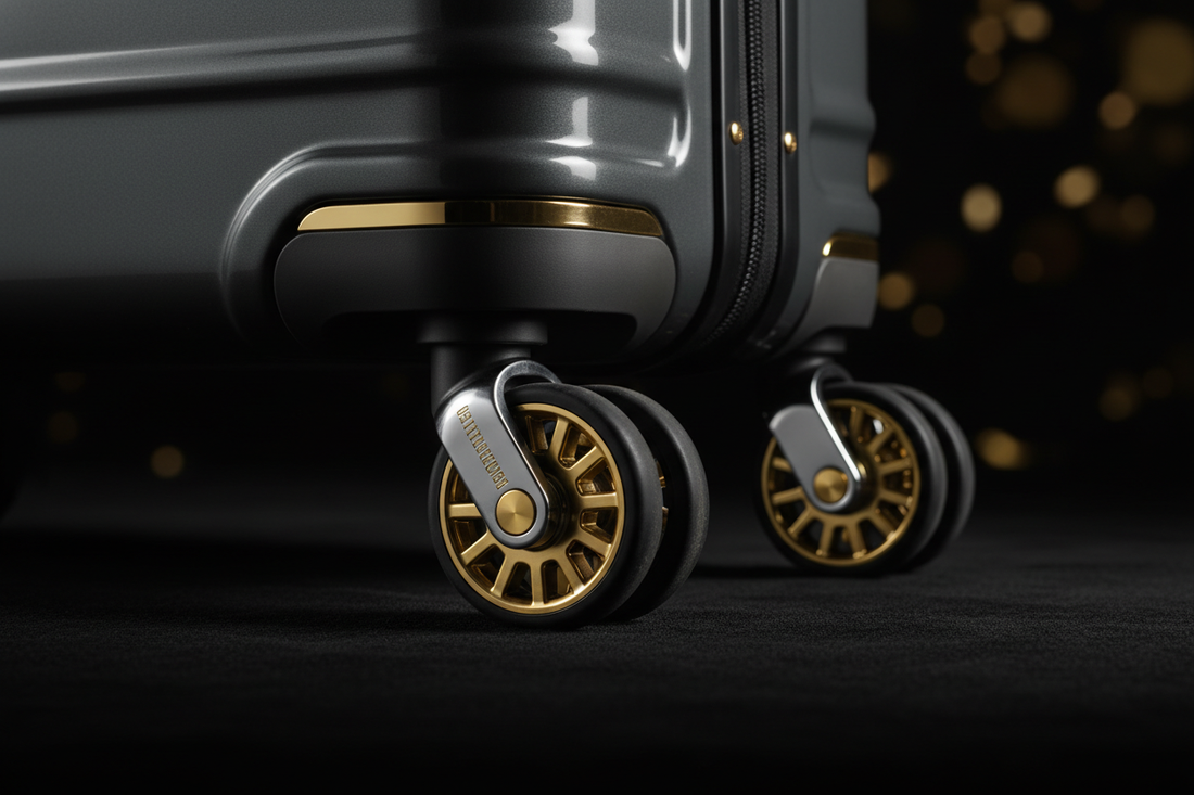 Close-up of premium spinner wheels on a hard-shell suitcase — Neil's Luggage Store