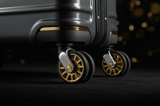 Close-up of premium spinner wheels on a hard-shell suitcase — Neil's Luggage Store