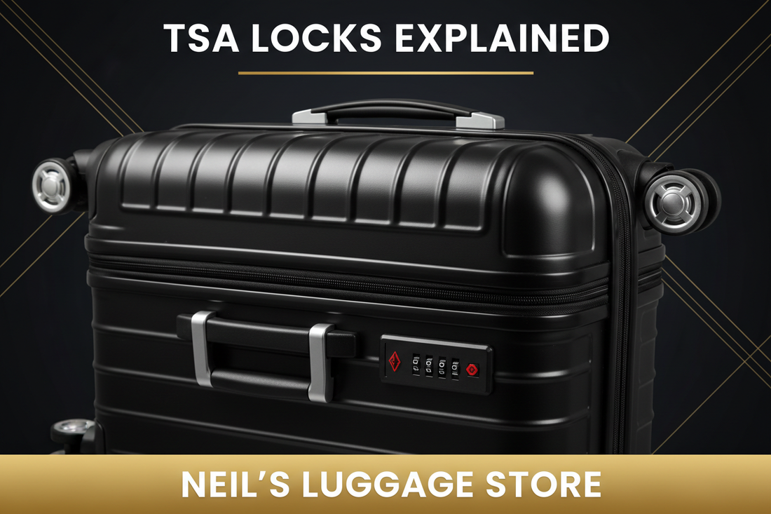 "Close-up of a built-in TSA combination lock on a black hard-shell suitcase — Neil's Luggage Store UK"