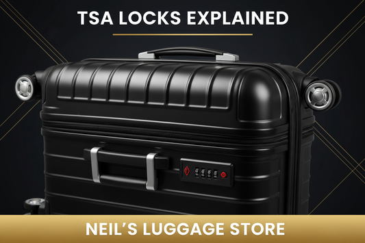 "Close-up of a built-in TSA combination lock on a black hard-shell suitcase — Neil's Luggage Store UK"