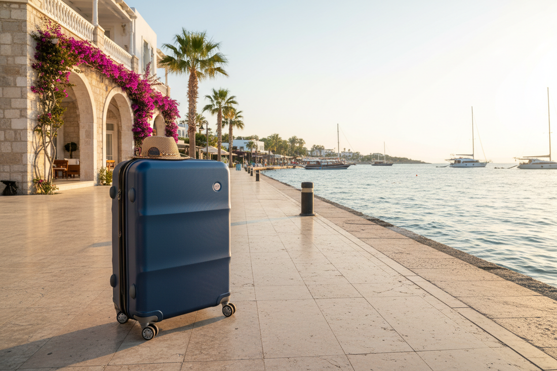 Premium hard-shell suitcase on a sunny Turkish resort promenade with turquoise sea in the background