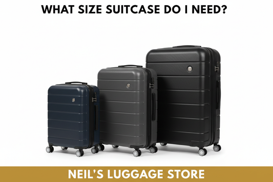 Three hardshell suitcases in cabin, medium and large sizes — Neil's Luggage Store UK suitcase size guide