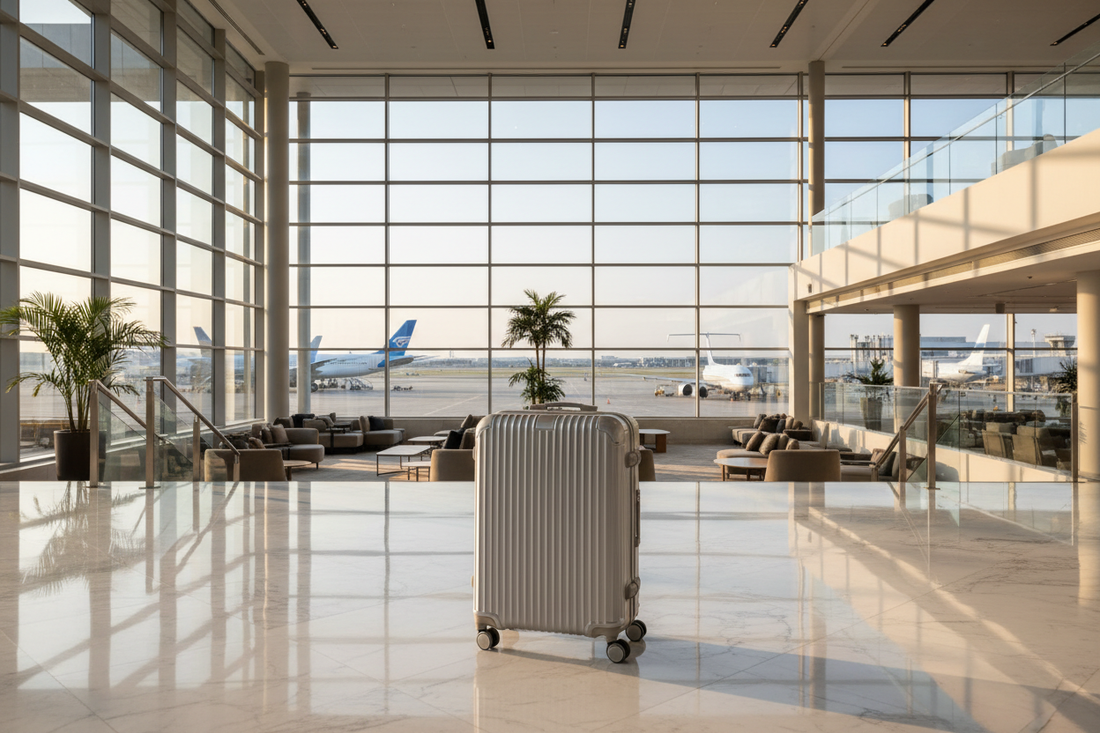 Lightweight hard-shell cabin suitcase in a modern airport terminal — ideal for Wizz Air's cabin bag allowance