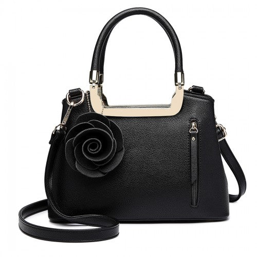 LG1847 - MISS LULU PU LEATHER ROSE HANGING ORNAMENT HANDBAG - BLACK | Neil's Luggage Store