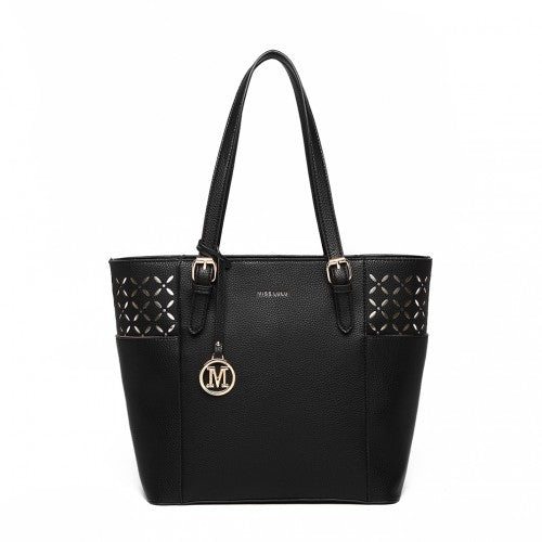 LG1943 - MISS LULU LASER CUT OUT TOTE SHOPPER BAG - BLACK | Neil's Luggage Store