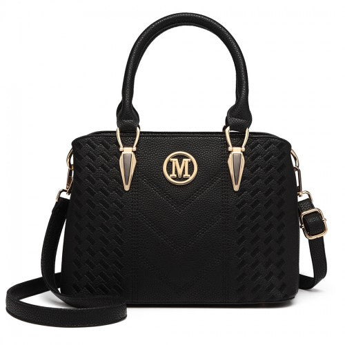 LG6865 - Miss Lulu Leather Look Weave Effect Shoulder Bag - Black | Neil's Luggage Store
