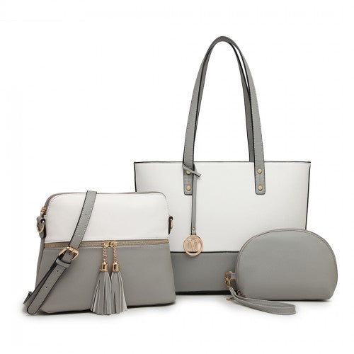 LG2023 - Miss Lulu Elegant 3-Piece Leather Look Tote Bag Set - Versatile & Chic for Every Occasion - Grey And White | Neil's Luggage Store